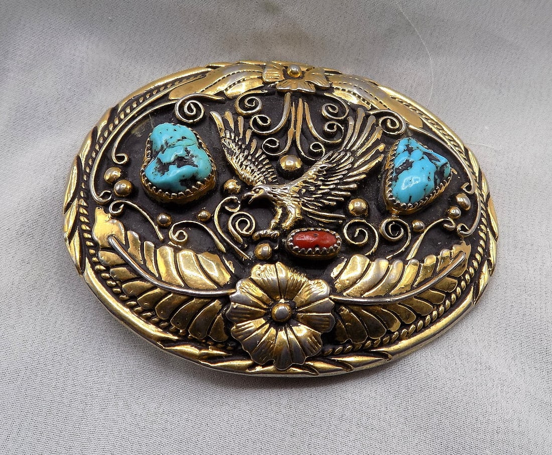 Native American Indian belt buckle with turquoise and coral: Native American Indian belt buckle with turquoise and coral. Beautiful eagle. Marked on back as shown in photos. Beautiful colors. In very good original as found condition. Great quality and detail. 3