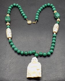 Vintage exceptional 14k gold banded malachite and carved Oriental figure necklace
