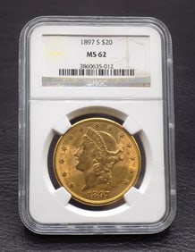 1897 S twenty dollar gold coin graded MS62 by NGC
