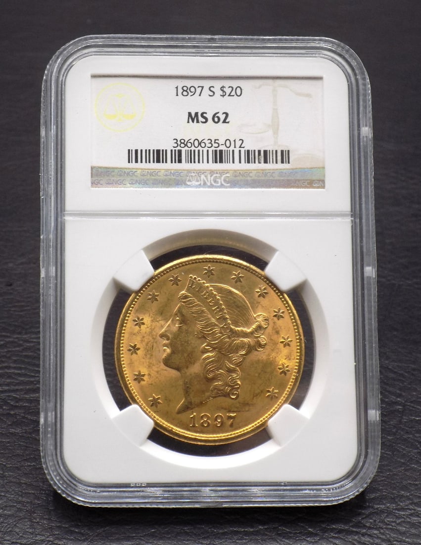 1897 S twenty dollar gold coin graded MS62 by NGC (1 of 4)