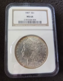 Uncirculated 1887 NGC graded MS64 Morgan silver dollar