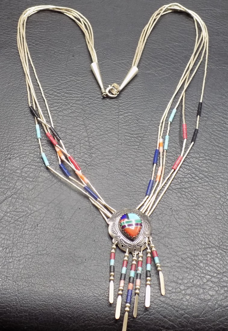 Vintage Native American Indian sterling silver necklace with turquoise, coral, and other precious (1 of 6)
