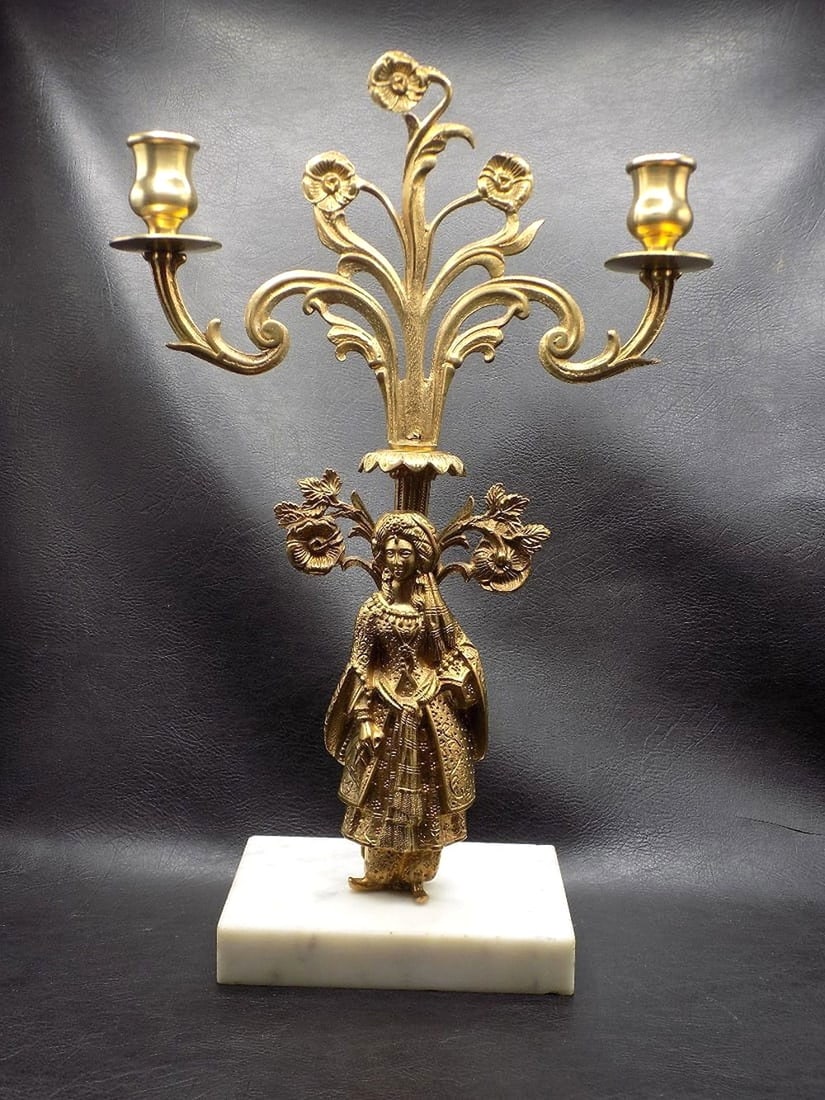 Antique bronze figural woman candlestick on marble (1 of 7)