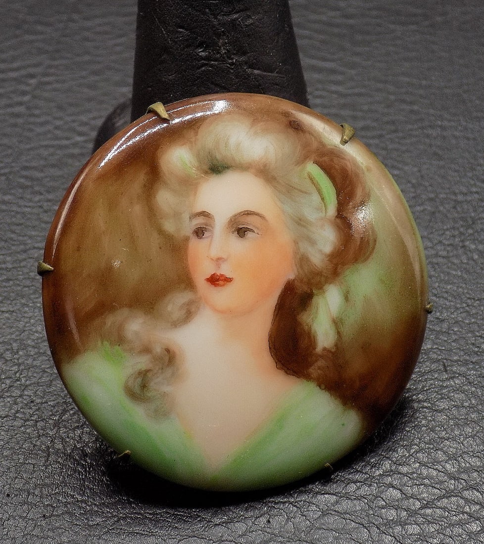 Antique miniature painting of lady on porcelain broach (1 of 3)