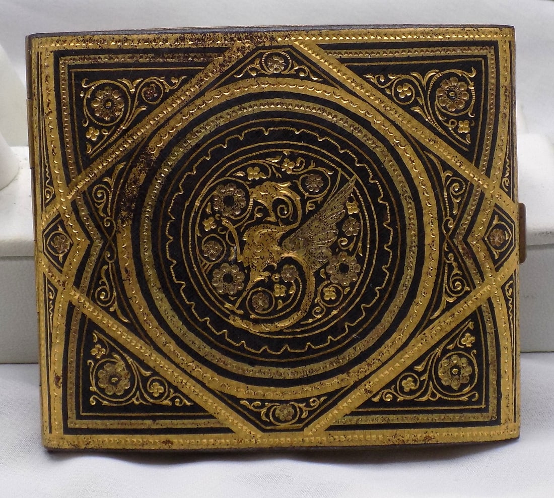 Art Deco multi color metal business card holder: Art Deco multi color metal business card holder. Three dimensional on front. Winged griffin in center. Vibrant colors. In very good original condition and patina. Great quality and detail. 3 5/8 wide 