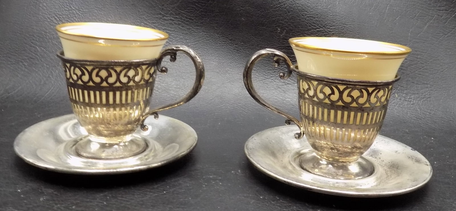 Two antique sterling silver demitasse cups and saucers (1 of 5)