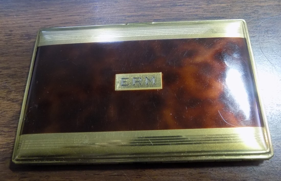 Art Deco multi color metal business card holder: Art Deco multi color metal business card holder. Vibrant colors. Monogram as shown in photo. In very good original condition and patina. Great quality and detail. 5 wide x 3 1/8 inches. 3/8 thick. 4 o