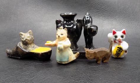 Cute vintage group of cats.  Porcelain and wood figures