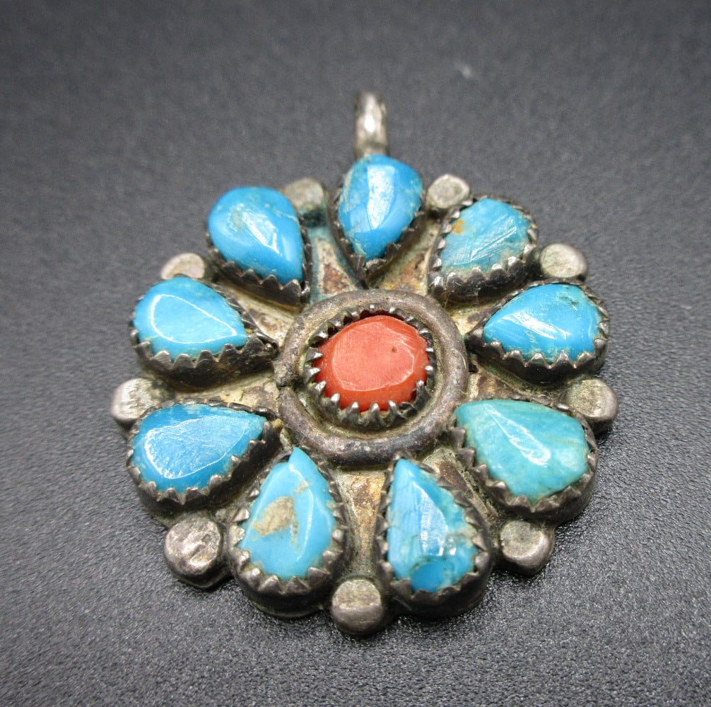 Vintage Native American Zuni turquoise and coral sterling pendant: Vintage Native American Zuni turquoise and coral sterling pendant. 1 3/8 inches tall. In very good original as found condition. Great quality and detail. 8 grams. For in house shipping. Please call Mi