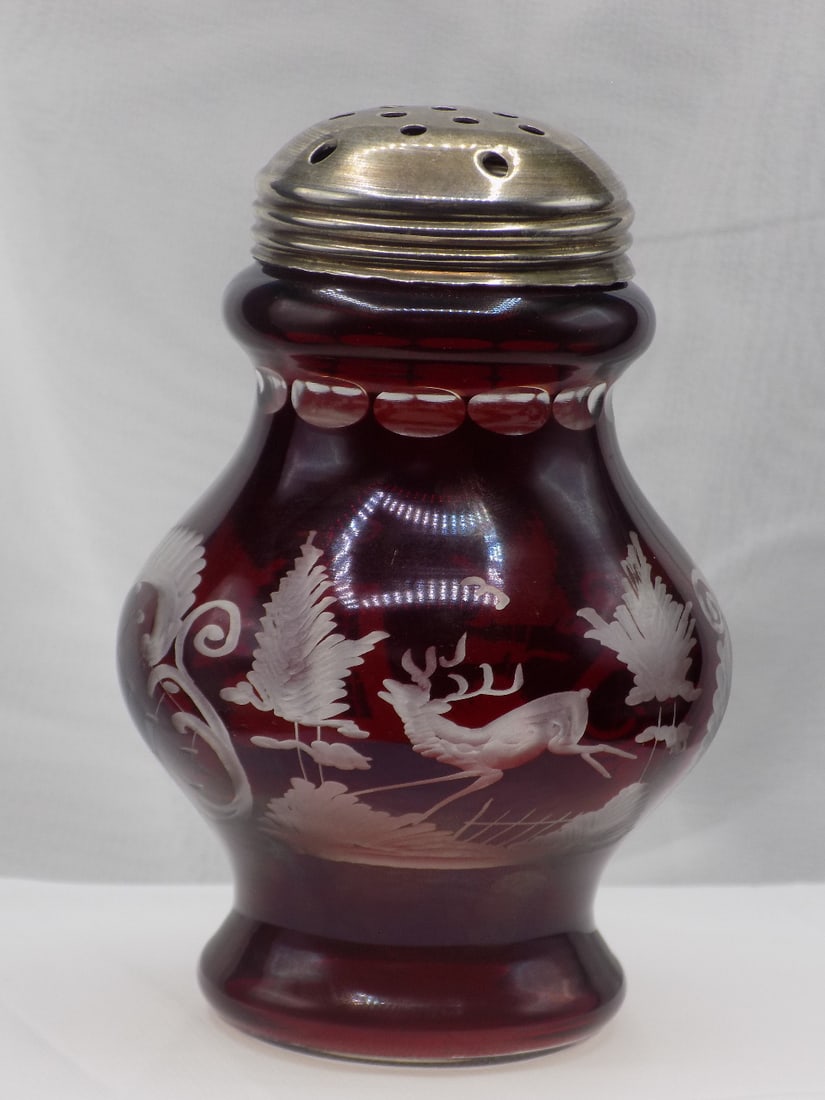 Vintage ruby red cut to clear art glass sugar shaker with deer and foliage (1 of 7)