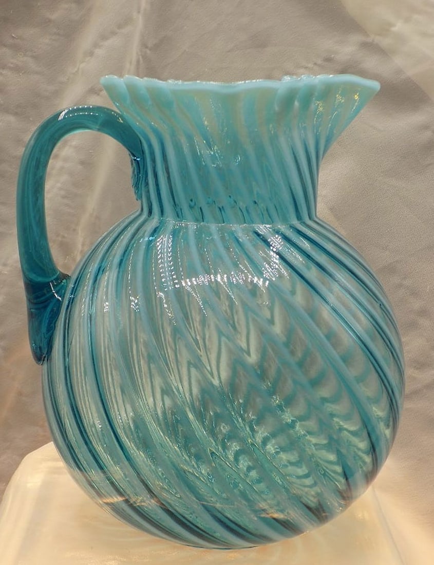 Victorian Northwood art glass blue and white swirl large pitcher: Victorian Northwood art glass blue and white swirl large pitcher. No marks. In very good original as found condition. Great quality and detail. 8 ½ inches tall x 7 ¼ wide near center. White 