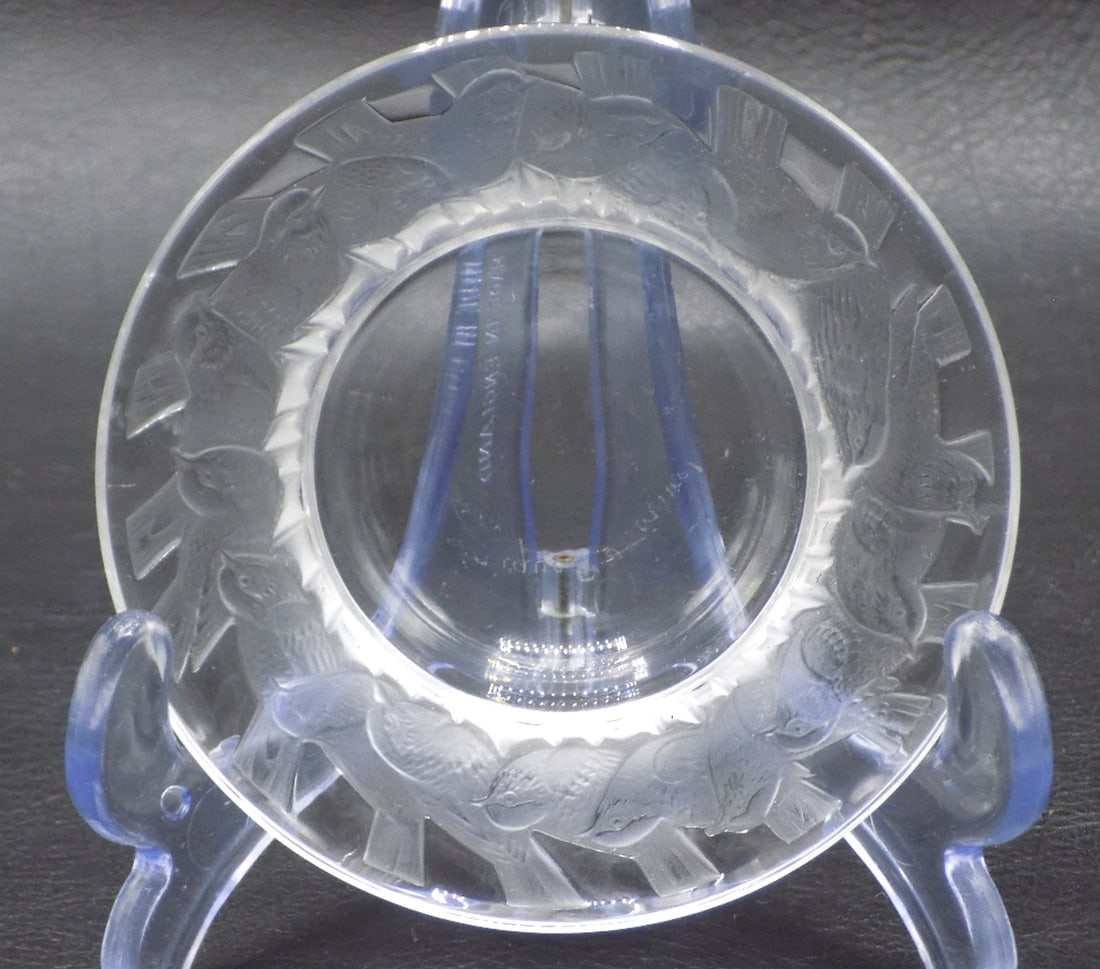 Vintage signed Lalique Irene frosted to clear art glass ring dish: Vintage signed Lalique Irene frosted to clear art glass ring dish. Dish surrounded with birds. Signed as shown in photo. Beautiful colors. In very good original as found condition. Great quality and d
