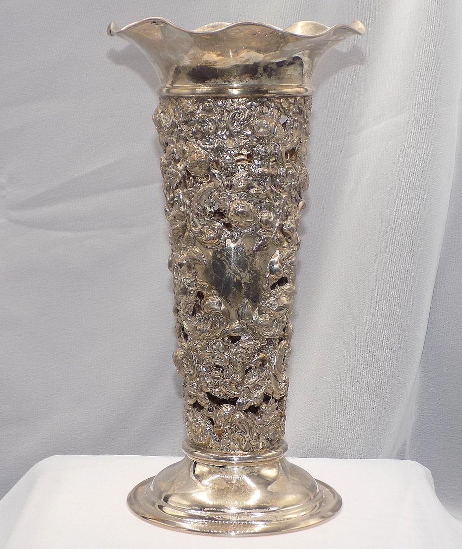 Ornate vintage sterling silver trumpet vase center piece (1 of 10)