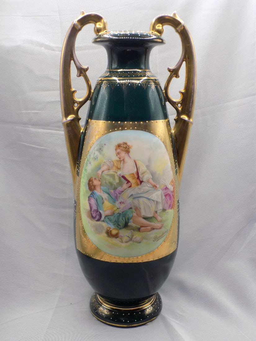Splendid antique Karlsbad Victoria Austria vase with classical scene: Splendid antique Karlsbad Victoria Austria vase with classical scene. Artist signed as shown in photo. Beautiful colors. In very good original as found condition. Great quality and detail. White lines
