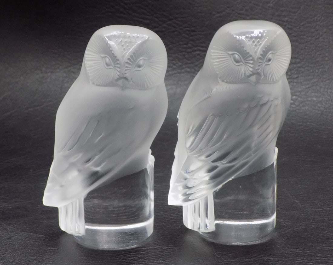 Two signed Lalique Chouette crystal art glass owls (1 of 6)
