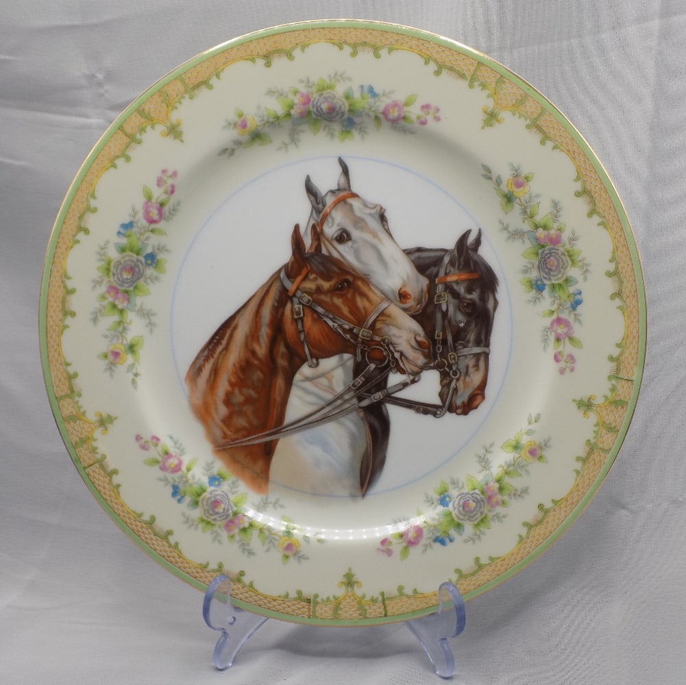Great antique Noritake plate with horses and floral decorations: Great antique Noritake plate with horses and floral decorations. Marked on back as shown in photos. Beautiful colors. In very good original as found condition. Great quality and detail. 10 1/8 wide. 1