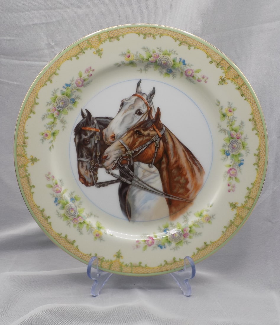 Great antique Noritake plate with horses and floral decorations: Great antique Noritake plate with horses and floral decorations. Marked on back as shown in photo. Beautiful colors. In very good original as found condition. Great quality and detail. 1 pound 4 ounce