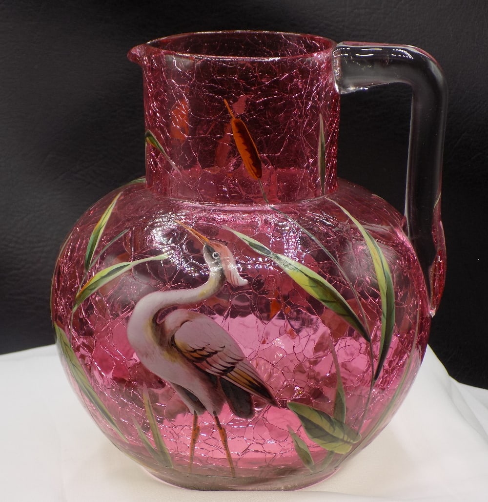 Vintage Moser cranberry crackle art glass pitcher with hand enamel decorated crane (1 of 7)