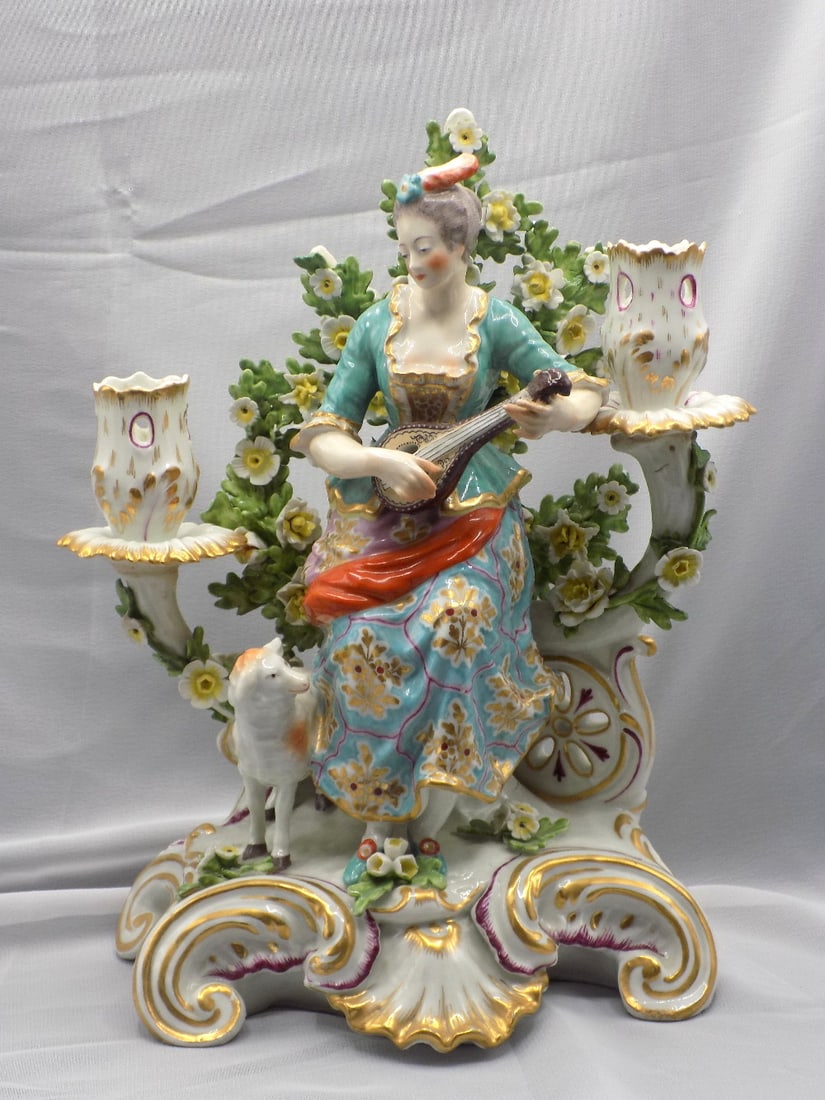 Elegant Chelsea Bocage porcelain two light candelabra with lady playing instrument (1 of 6)