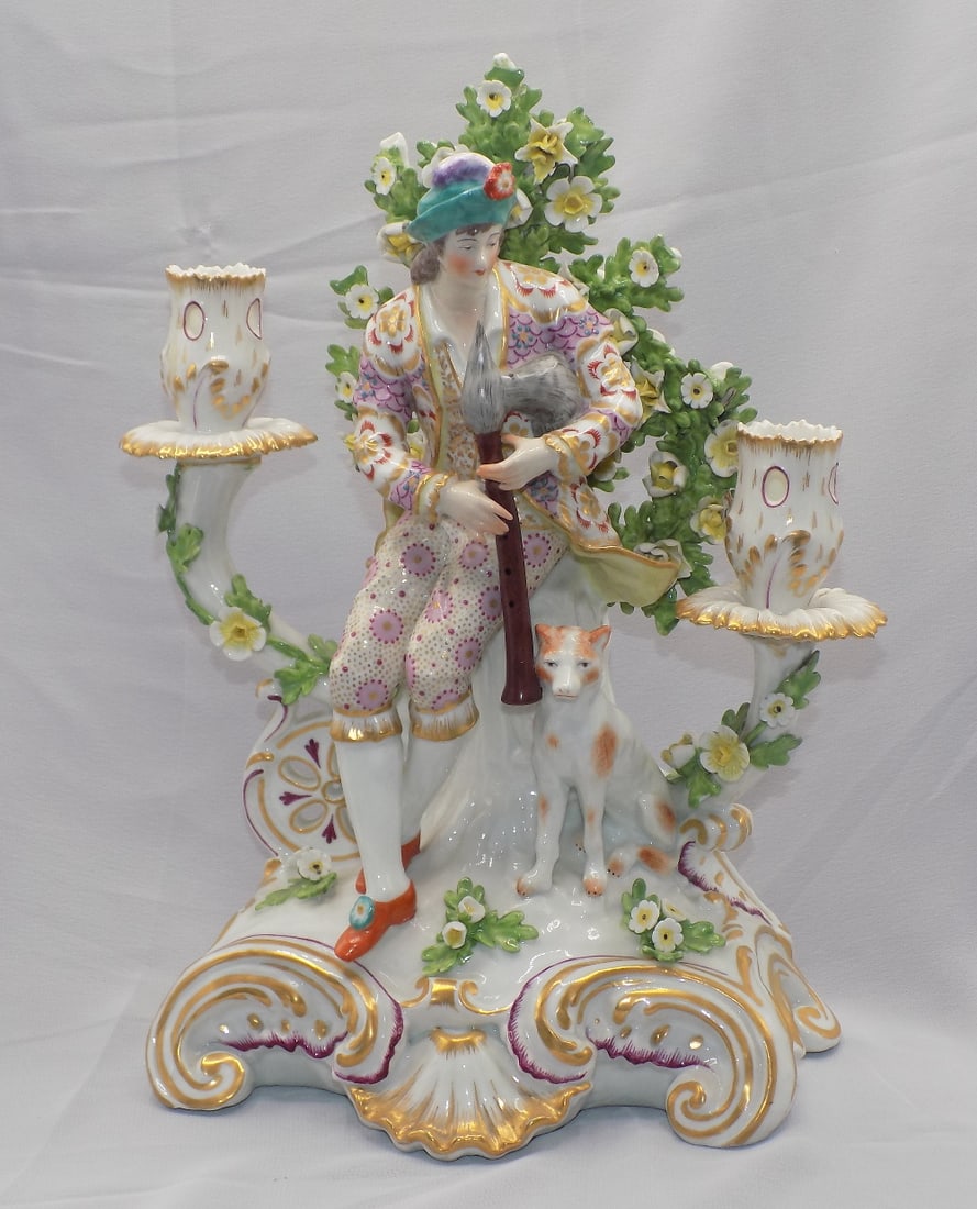 Elegant Chelsea Bocage porcelain two light candelabra with man with instrument and dog. (1 of 5)