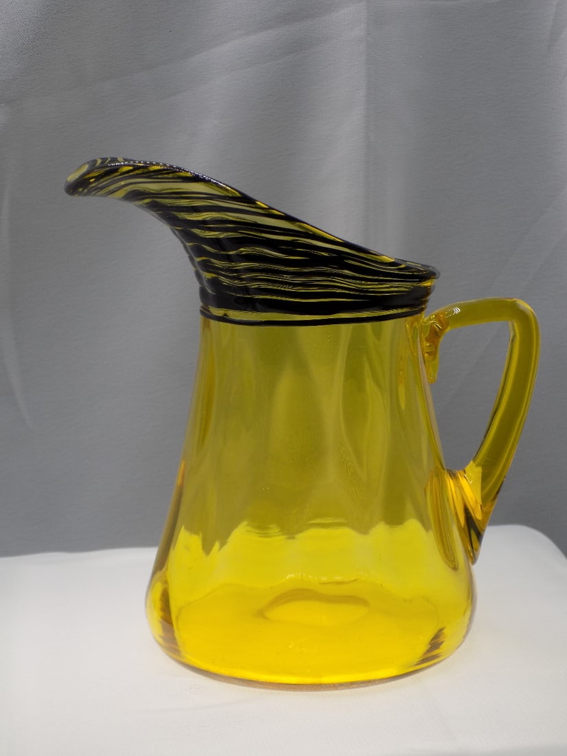 Antique Steuben citrine and dark blue to black threaded art glass pitcher.: Antique Steuben citrine and dark blue to black threaded art glass pitcher. From Frederick Carter era. No signature. Beautiful colors. In very good original as found condition. Great quality and detail