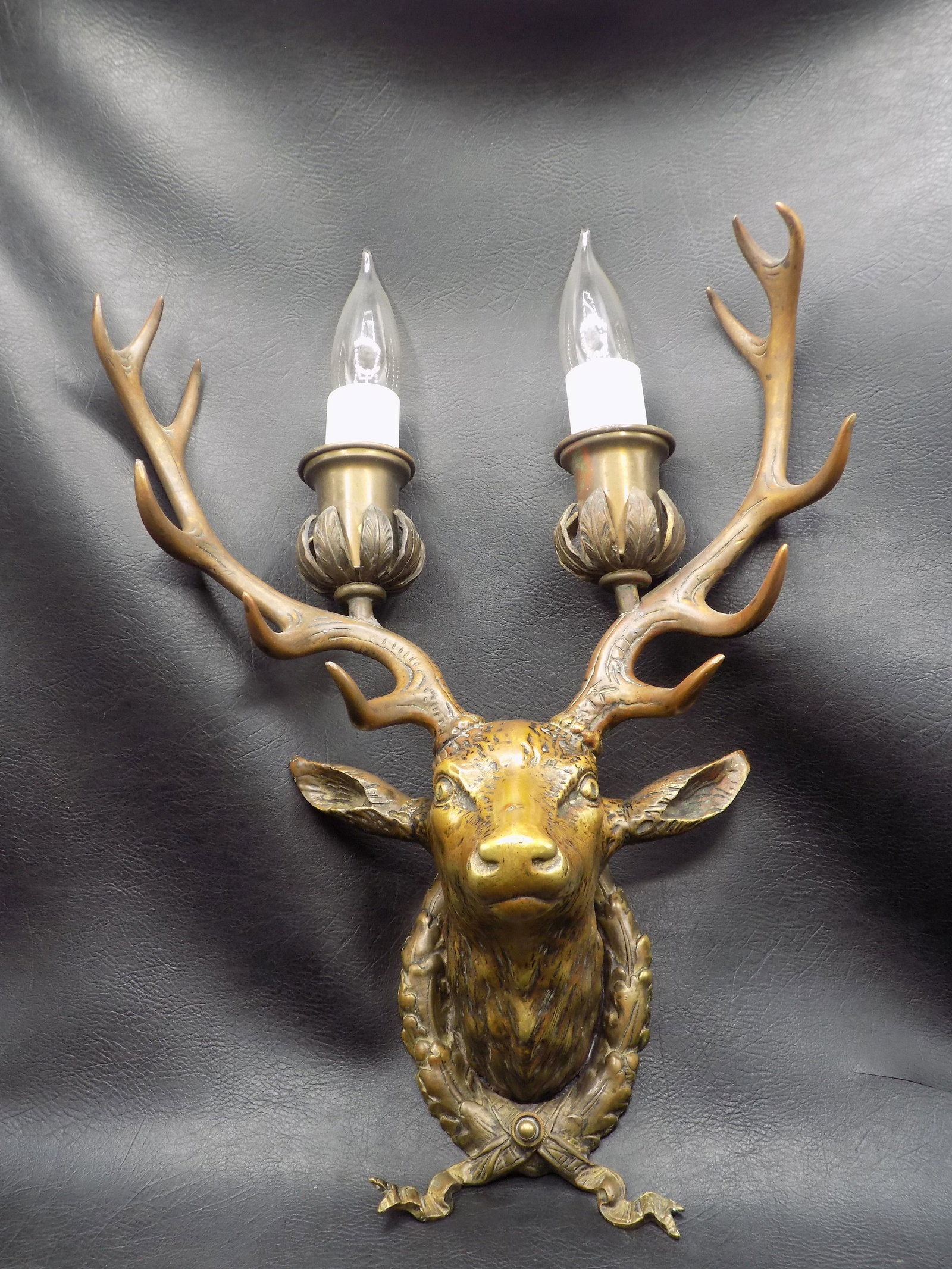 Unusual vintage brass deer head wall scone with dual candle lights (1 of 6)