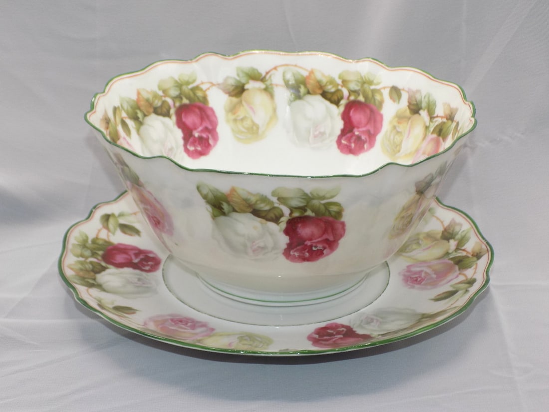 Pretty antique RS Prussia large bowl and underplate decorated with beautiful roses: Pretty antique RS Prussia large bowl and underplate decorated with beautiful roses. Marked on both pieces as shown in photo. Beautiful colors. In very good original as found condition. Great quality a