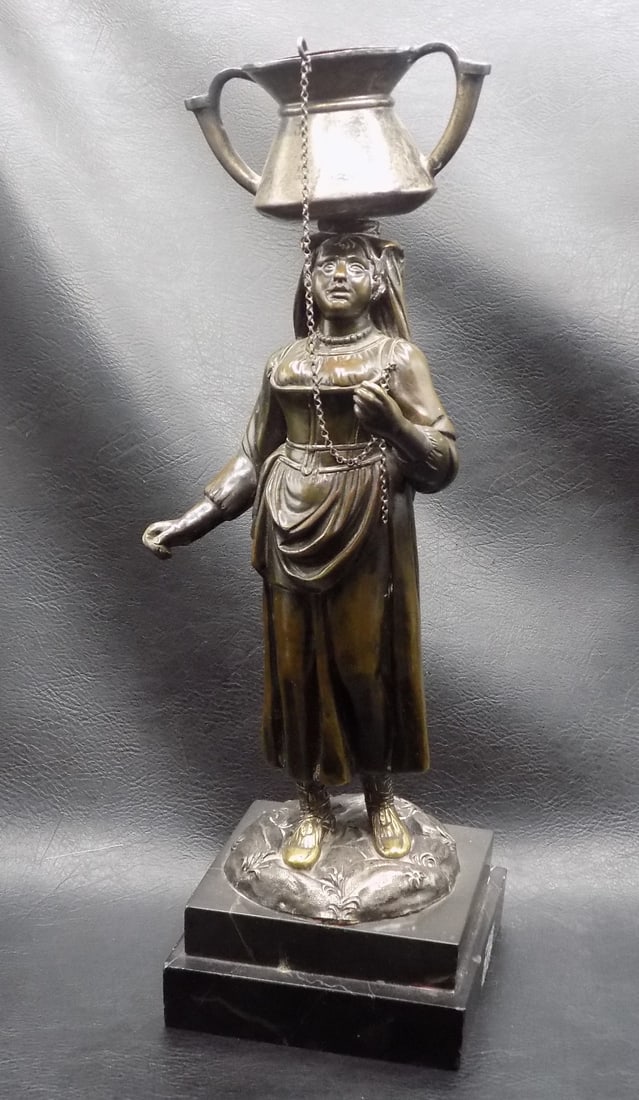 Antique bronze of lady with silver basket on head (1 of 6)