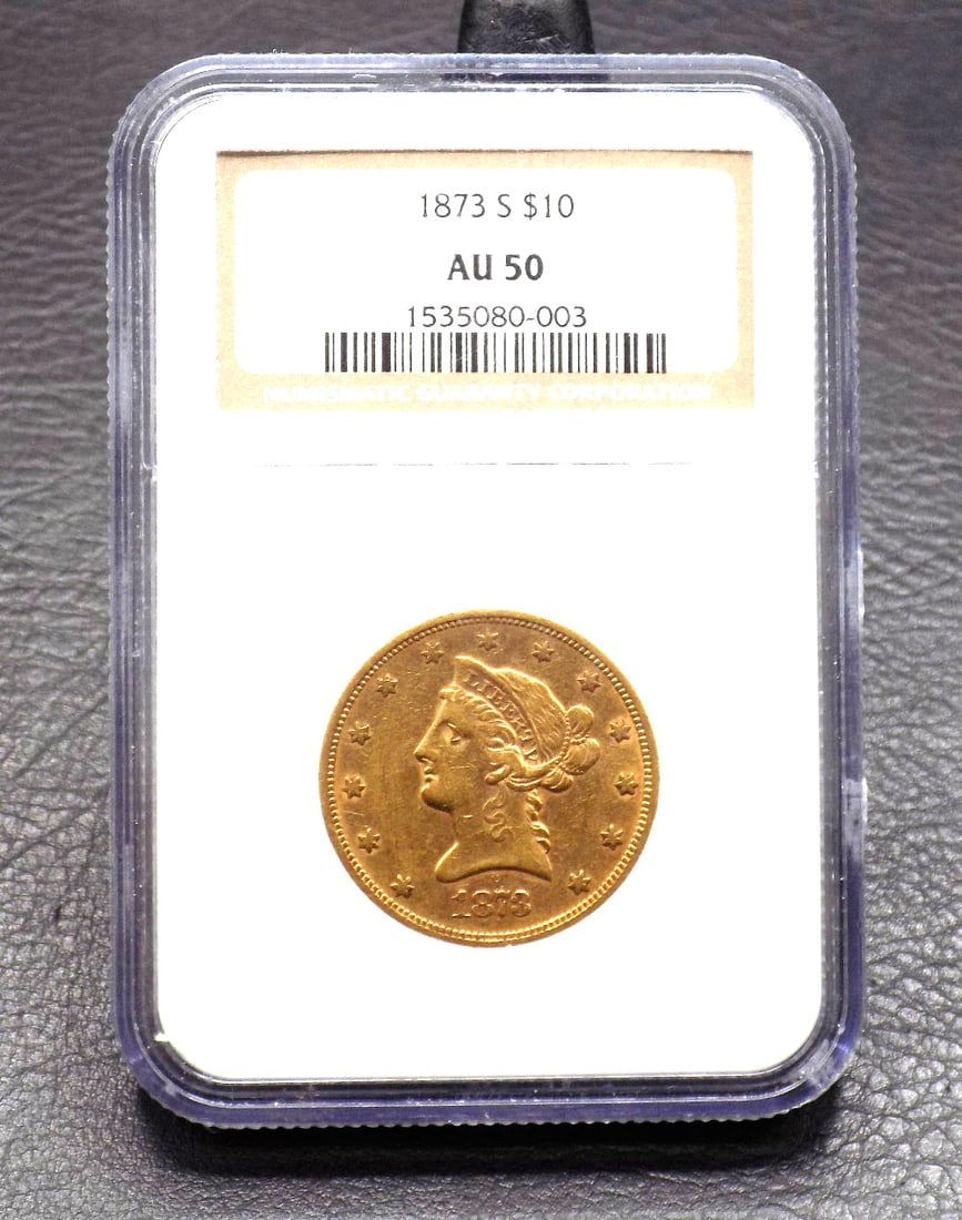 1873 S graded AU 50 ten dollar gold coin. NGC grading company (1 of 5)