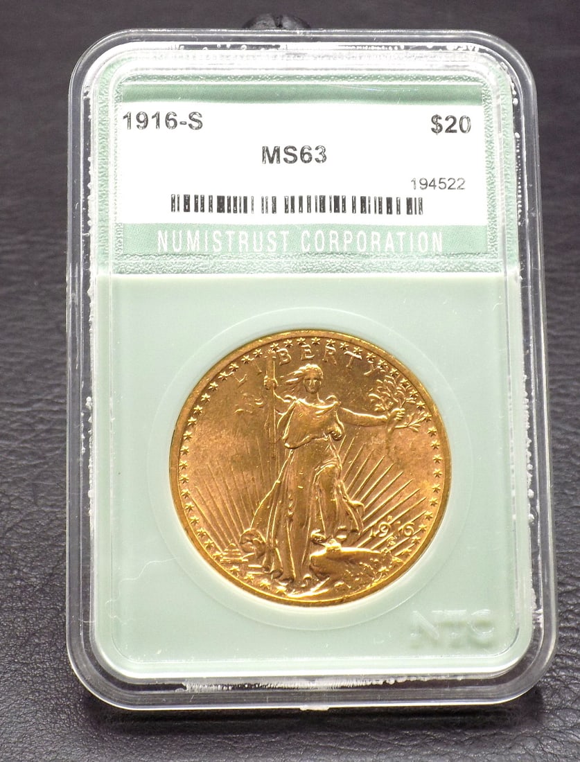 1916 S MS 63 graded 20 dollar gold coin: 1916 S MS 63 graded 20 dollar gold coin. No credit cards for gold coins. Payment through Live Auctioneer of cashier’s check. No shipping outside of United States. For in house shipping, please c