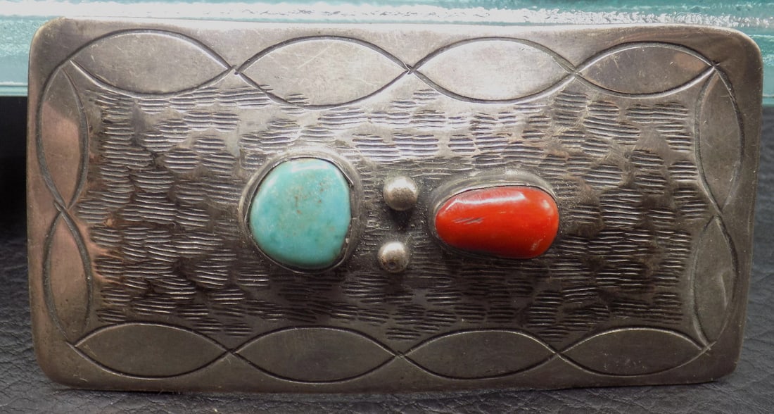 Vintage Native American turquoise coral and sterling silver belt buckle: Vintage Native American turquoise coral and sterling silver belt buckle. Artist signed David Garcia. Measures 1 1/4 by 1 inches. 30 grams total weight. In very good original as found condition. Great 