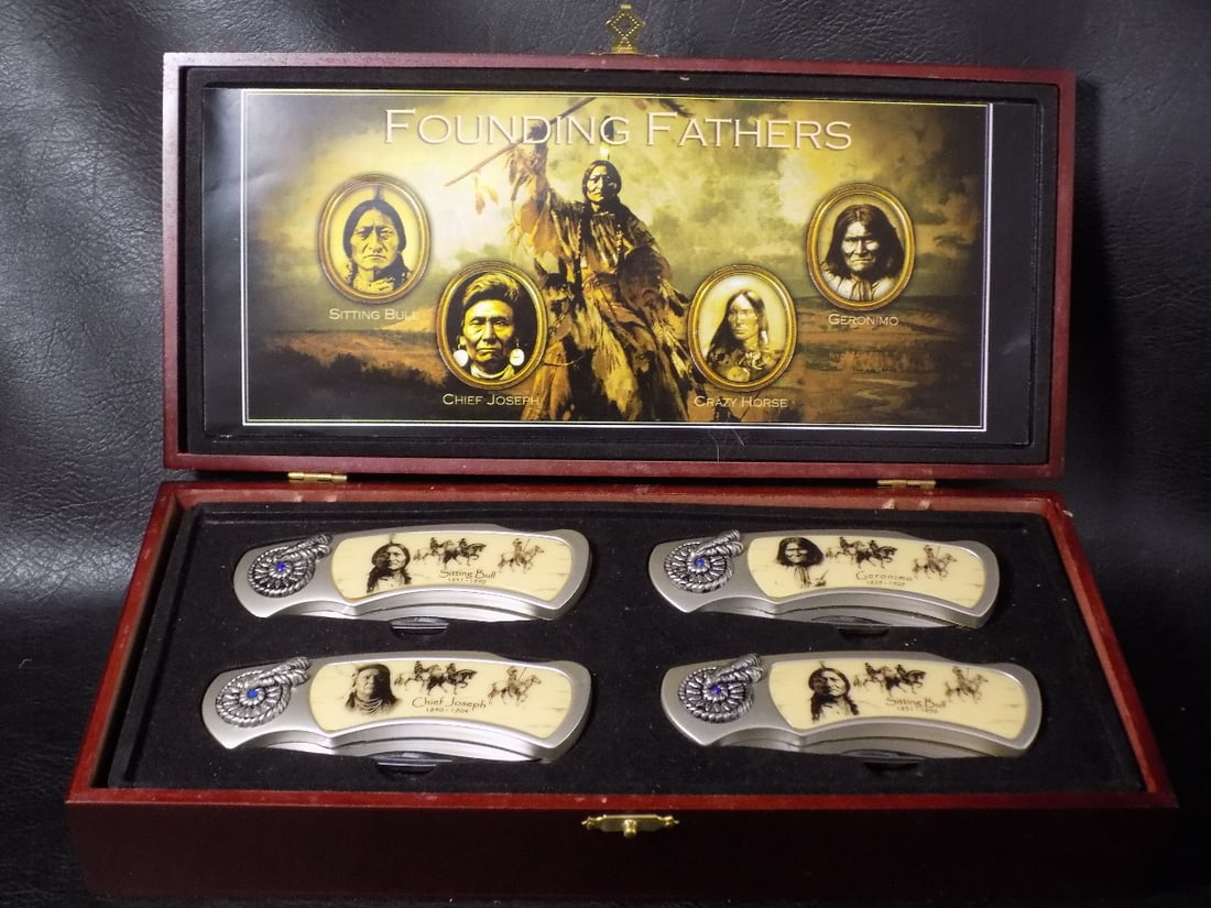 Neat Founding Fathers Native American Indian pocket knives in original box: Neat Founding Fathers Native American Indian pocket knives in original box. Beautiful colors. In very good original as found condition. Great quality and detail. Knives 4 inches closed. Box size 11 x 