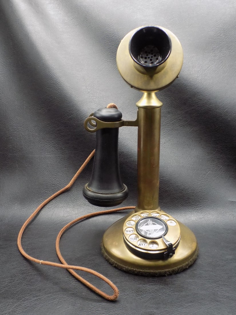 Antique brass candlestick telephone dated 1892: Antique brass candlestick telephone dated 1892. Beautiful colors. In very good original as found condition. Great quality and detail. 11 ¾ inches tall. 3 pounds 10 ounces. For in house shipping, 