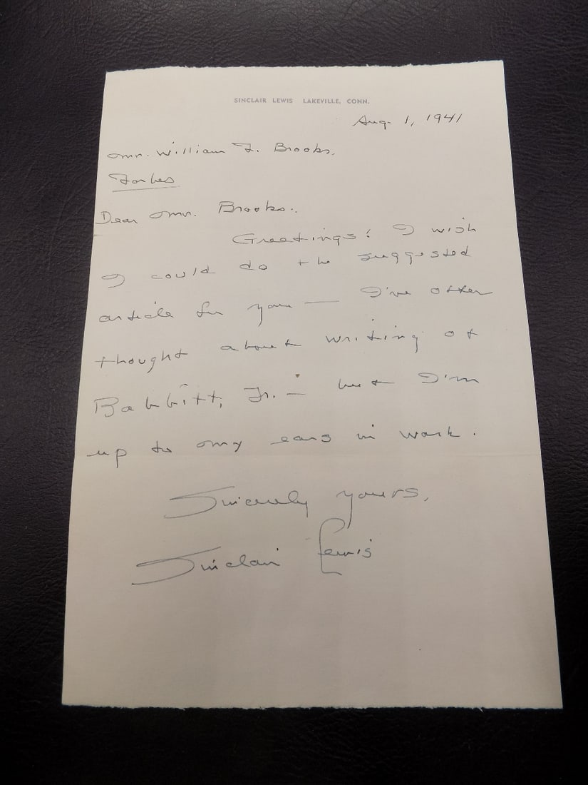 1941 hand written letter by Sinclair Lewis sent to Forbes for Babbit Book (1 of 4)