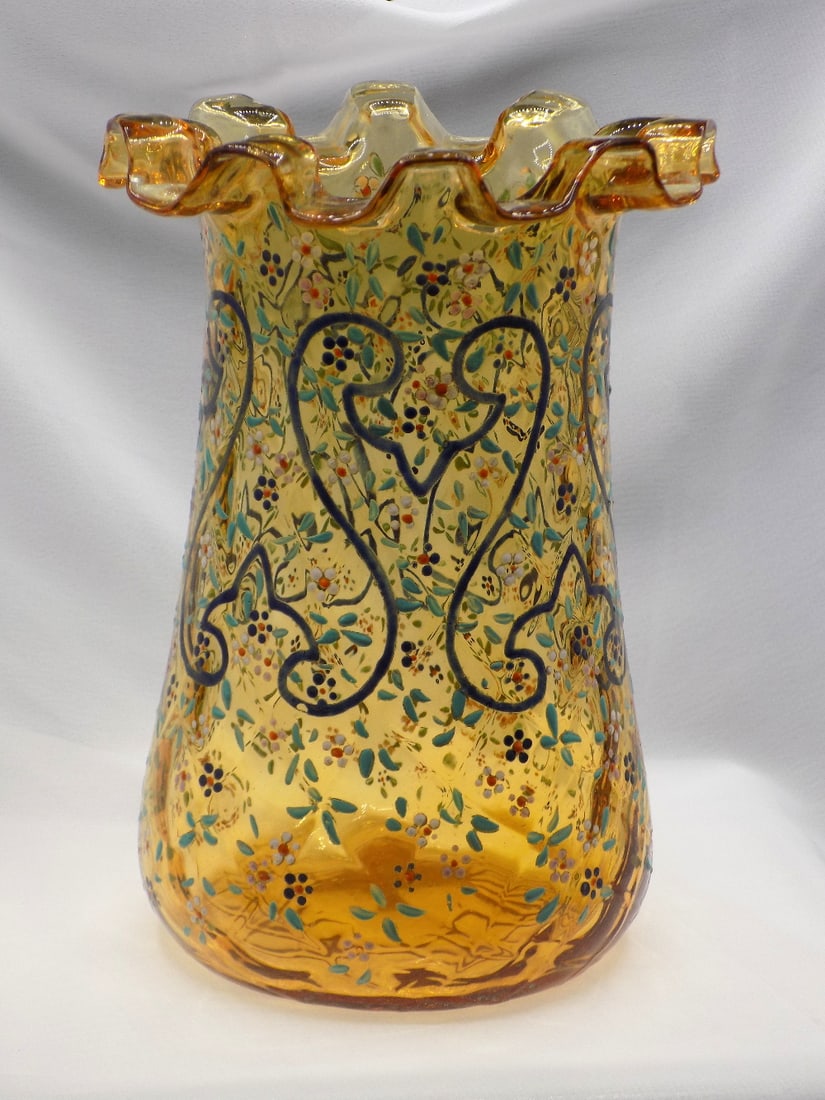 Splendid vintage Moser Harrach enamel decorated art glass vase (1 of 6)
