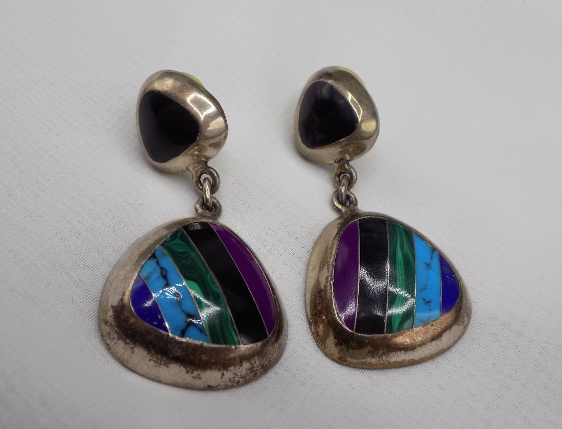 Mexico sterling silver earrings with turquoise, malachite, sugilite, and onyx: Mexico sterling silver earrings with turquoise, malachite, sugilite, and onyx, Artist initial signed as shown in photo. Beautiful colors. In very good original as found condition. Great quality and de