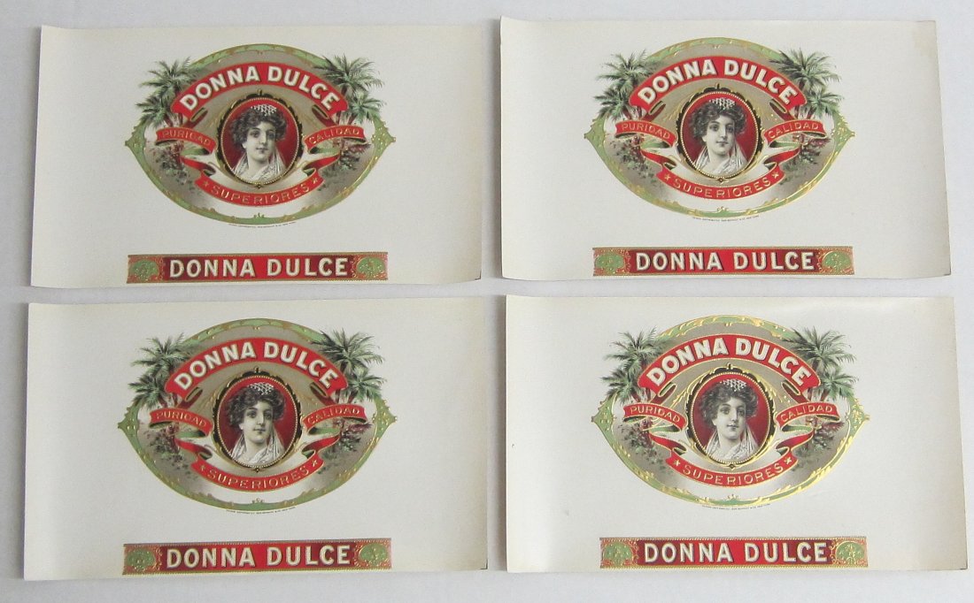 4 vintage unused cigar labels with lady, Donna Dulce,: 4 vintage unused cigar labels with lady, Donna Dulce, early 1900's, Measure 10 by 6 inches