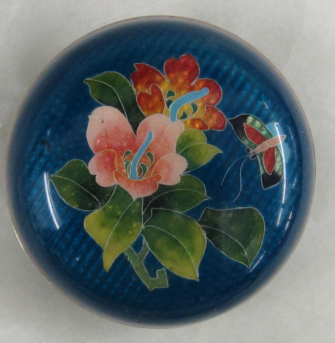 Cloisonne jewelry box with flowers and butterfly: Beautiful Cloisonne jewelry box with flowers and butterfly. 3" wide x 1 5/8" tall. No marking on bottom.