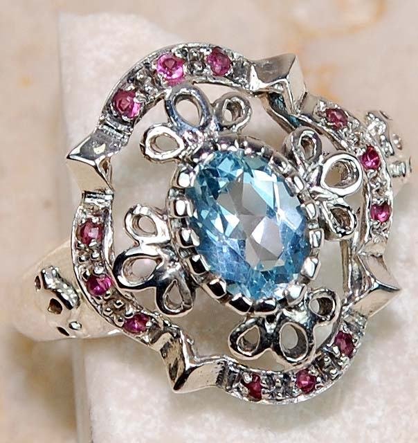 Natural Aquamarine & Ruby 925 SILVER Filigree RING: Natural Aquamarine & Ruby 925 SOLID STERLING SILVER Filigree Ring, size 6, stamped 925.