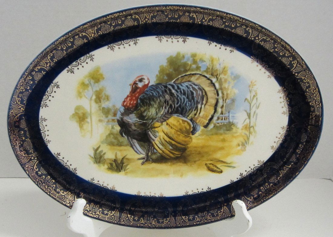 Antique turkey serving platter. No markings. Transfer: Antique turkey serving platter. No markings. Transfer painted.