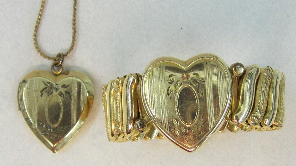 Heart Shaped Bracelet & Gold Filled Heart Locket: Beautiful Heart Shaped Bracelet and Gold Filled Heart Shaped Locket. Marked D & Co. on the back of the Heart shaped Expansion Bracelet. The heart on the bracelet measures 1" high. The bracelet can exp