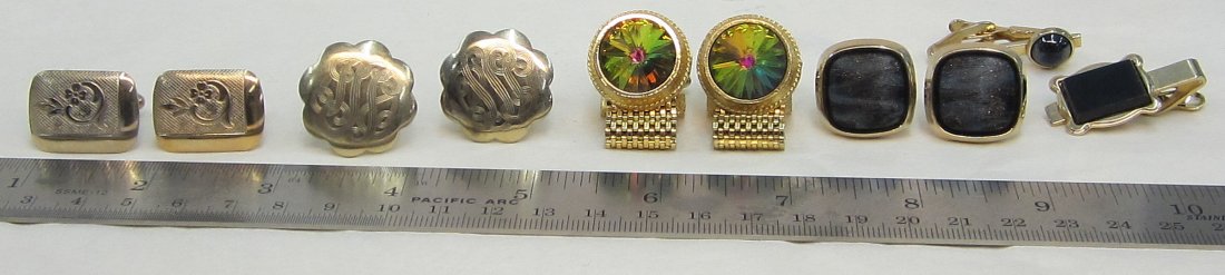 Great vintage cuff links & tie clips, Hickok & Dante: Great variety of vintage men's cuff links and tie clips including Dante and Hickok. The gold tone mesh cuff links are marked Dante. The gold tone cuff links with gold colored dust over dark stone is m