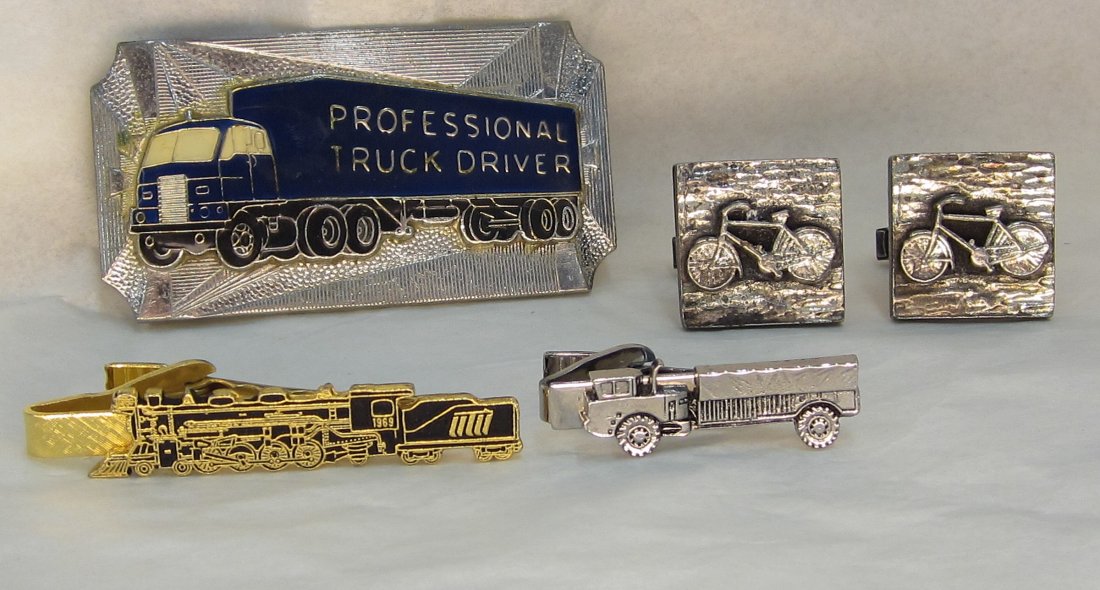 Men's Transportation Jewelry lot. Railroad, Bike, Semi: Menâ€™s Transportation Jewelry lot. Railroad tie clip, bicycle cuff links, semi tie clip and semi belt buckle.