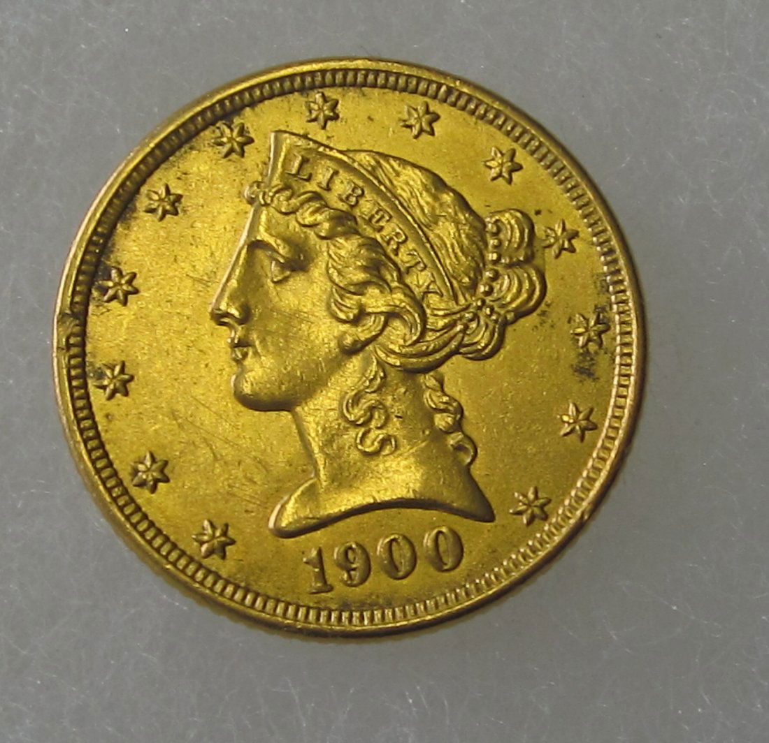 Uncirculated 1900 5 dollar LIBERTY HEAD HALF EAGLE gold: Uncirculated 1900 5 dollar LIBERTY HEAD HALF EAGLE gold coin.