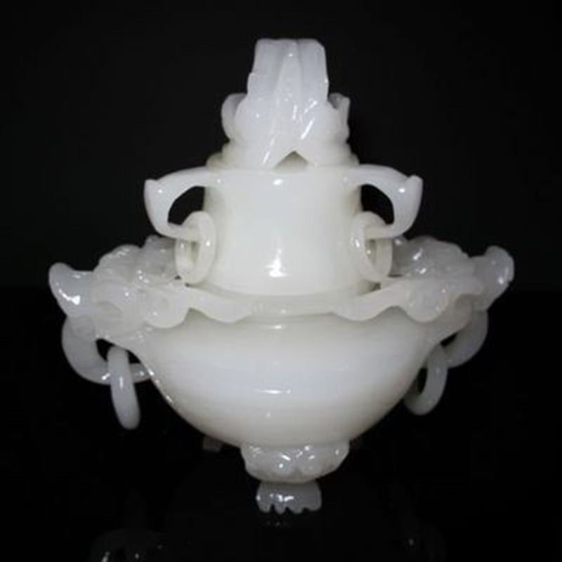 100% WHITE JADE: 100% Natural Afghan White Jade Incense Burner & Lid w Dragon