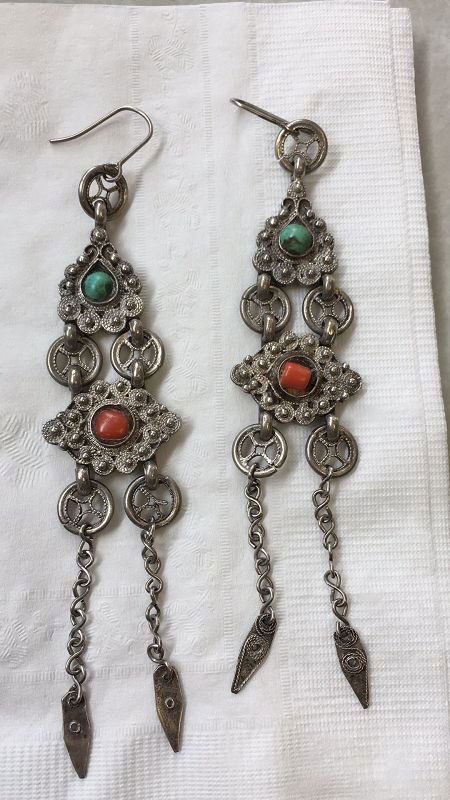 Pair of Mongolian silver coral turquoise ornament (1 of 4)