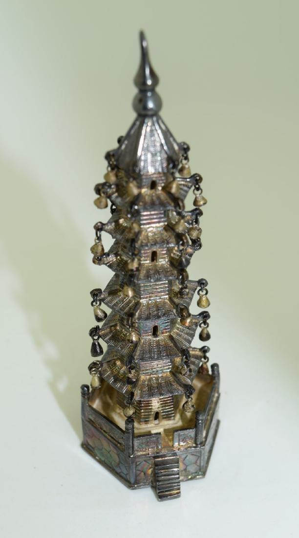 Antique Chinese Silver Pagoda Statue: Antique Chinese Silver Pagoda Statue, size" 4" x 1.5", marked LW