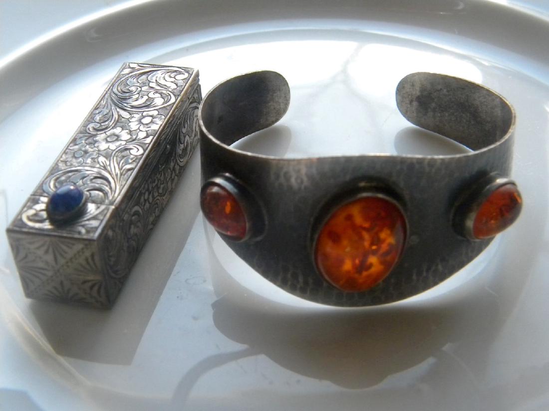 Antique Sterling Silver Amber Bracelet, Lipstick Holder (1 of 5)