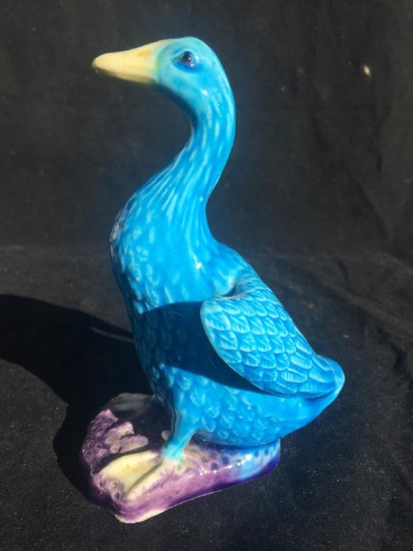 Antique Blue Glazed Duck Maker Zhou Mao Cheng: Antique Blue Glazed Duck Maker Zhou Mao Cheng, size: H: 5.5", w: 3"