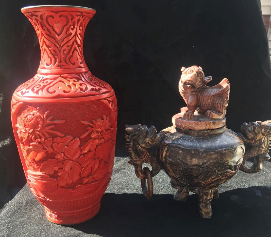 Pair of Chinese Red Cinnarbar Vase and Stone Incense: Pair of Chinese Red Cinnarbar Vase and Stone Incense Burner, size of vase: 9"